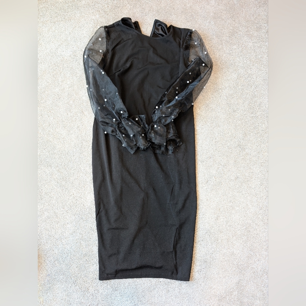 Elegant Black Dress with Sheer Polka Dot Sleeves